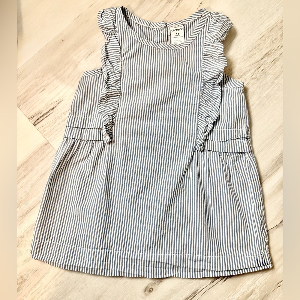 Carter's Girls' Blue & White Striped Ruffle long shirt - 4T